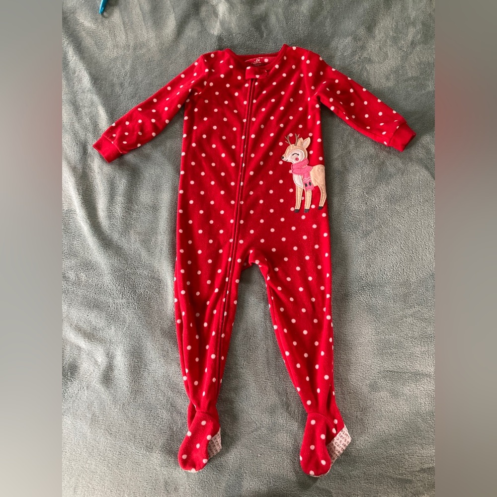 Carter’s Footed Pajamas, Used, 24 months, red, white, Christmas reindeer, girl